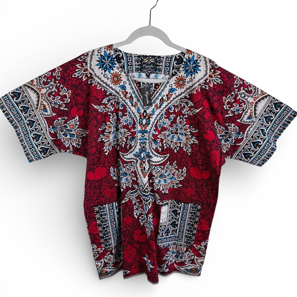 Vipada Handmade Tops - Vipada Handmade African Dashiki Shirt Red Blue Ornate Print V-Neck Medium NWT